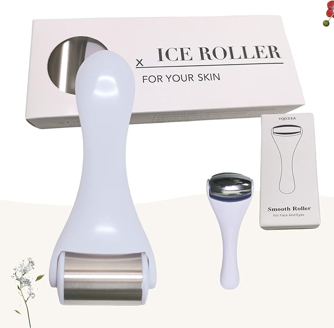 Ice Roller & Massager for Face & Eyes - Stainless Steel, 2 Pcs, Pain Relief, Dark Circles, Migraine (White)