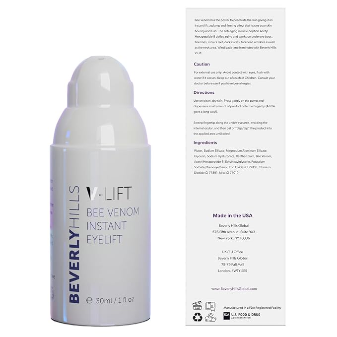 Beverly Hills V-Lift Instant Eye Lift and Eye Tuck Bee Venom Serum for Puffy Eyes, Dark Circles, Wrinkles, and Under Eye Bags Treatment for Women and Men | 30mL (120 Day Supply)
