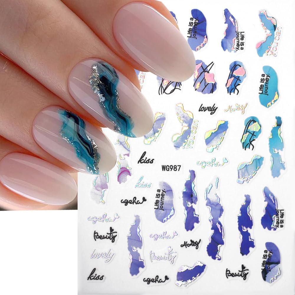 6 Color Marble Nail Art Stickers - Women's 3D Bronzing Silver & Watercolor Blooming Decals - Self Adhesive Foil Nail Designs