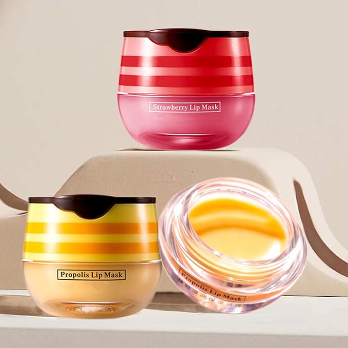 2 PCS Lip Balm Honey Pot, Honey & Strawberry Lip Sleeping Mask Vitamin E & Moisturizing Propolis Lip Balm with Stick, Prevention Dry and Cracked Lip Scrubs Exfoliator Lip Wrinkle