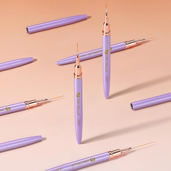 UNA GELLA Nail Art Pens Metallic, Liner Brushes Set For Nail Art Gel Polish, 5Pcs Purple Color, Detail Nail Art Design Painting Brush Set For Nails Gel Fine Drawing Nail Tools, Sizes 7/9/11/15/25mm