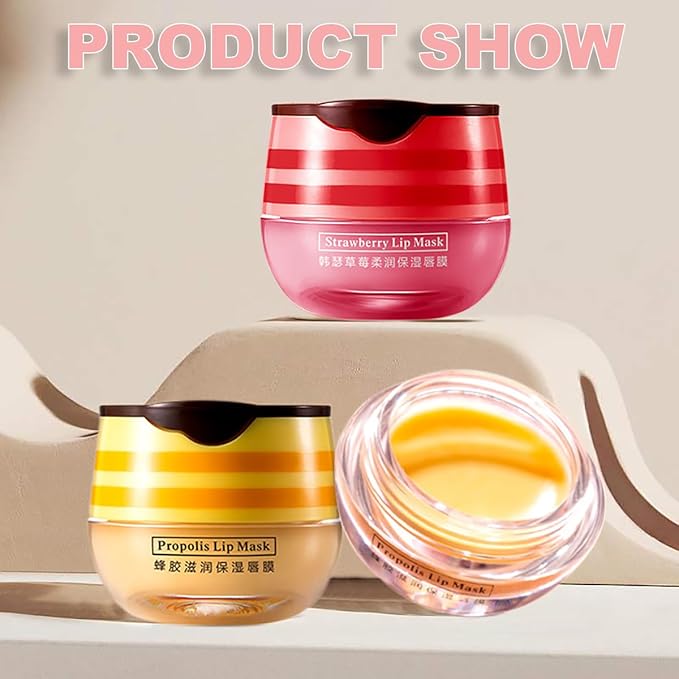 4PCS Strawberry & Honey Lip Balm, Hydrating Lip Propolis Sleeping Lip Mask, Moisturizing & Prevention Dry and Cracked Lip Scrubs Exfoliator, Lip Repair Nourishes the Lip Skin