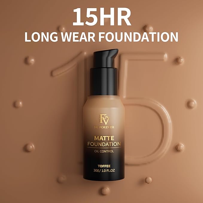FV Full Coverage Liquid Foundation, Lightweight & Concealing, Long Lasting Matte Foundation Makeup with Flawless Finish, Oil Control Waterproof Foundation for Oily Skin (Toffee Matte)