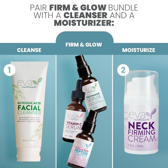 Eva Naturals Firm & Glow Serum Bundle – Vitamin C, Peptide & Niacinamide Serums – Anti-Aging Face Serum Set for Wrinkles, Glow, Pores, Hydration – Collagen Boosting Skin Care Routine