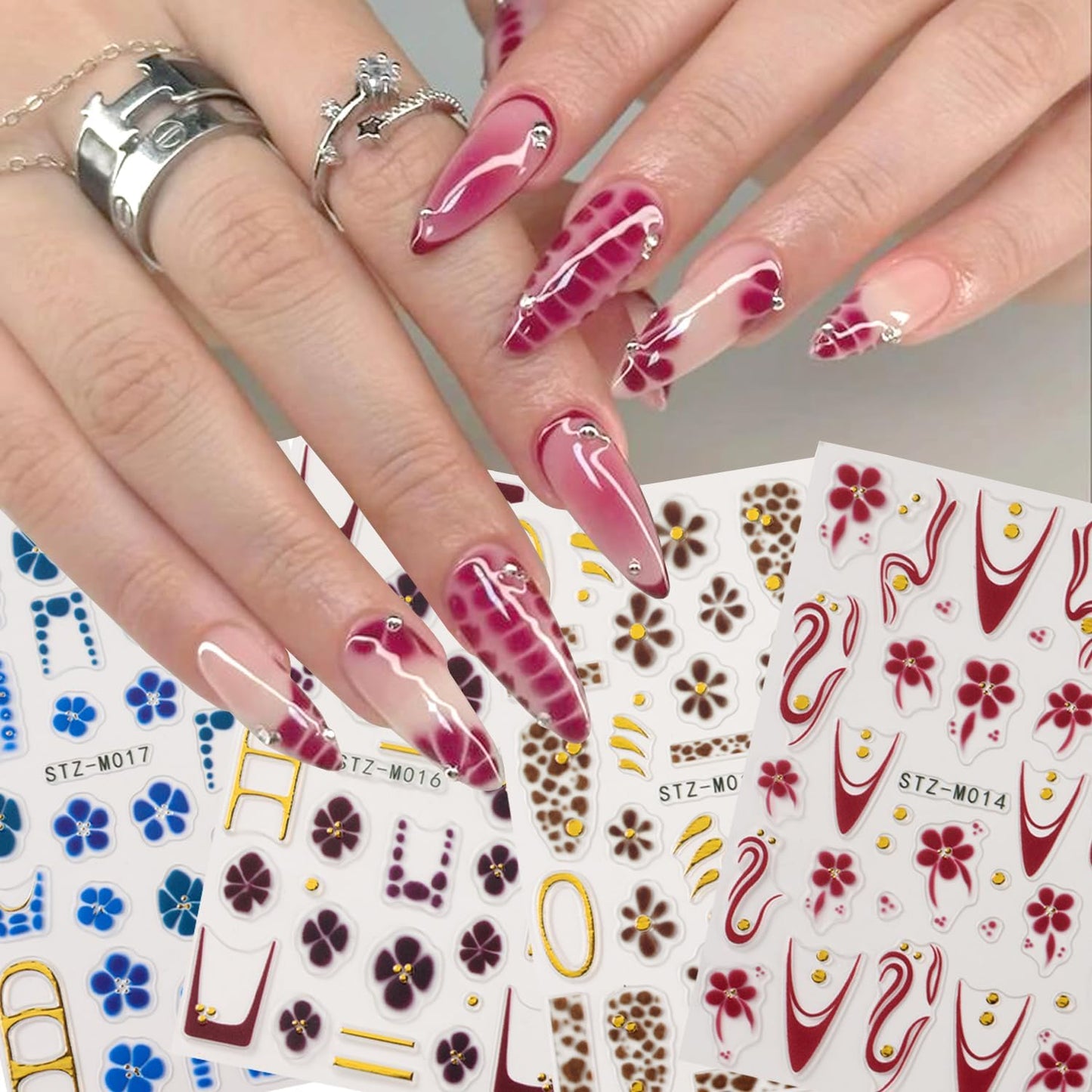 4Pcs Flower Nail Stickers for Nail Art - French Nail Art Stickers Autumn Winter Wine Red Brown Blue Floral Leopard Print Pattern 3D Self-Adhesive Nails Sliders Flowers Sticker for Nails Decoration