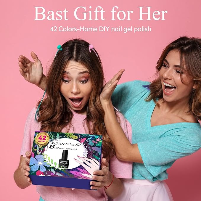 JEWHITENY 45PCS Gel Nail Polish Kit, 42 Colors 5ML Gel Polish Nude Gray Pink Blue Soak Off Glitter Nail Art Starter Kit Beauty Gifts Set for Women Girls Valentines Mother's Day Gift