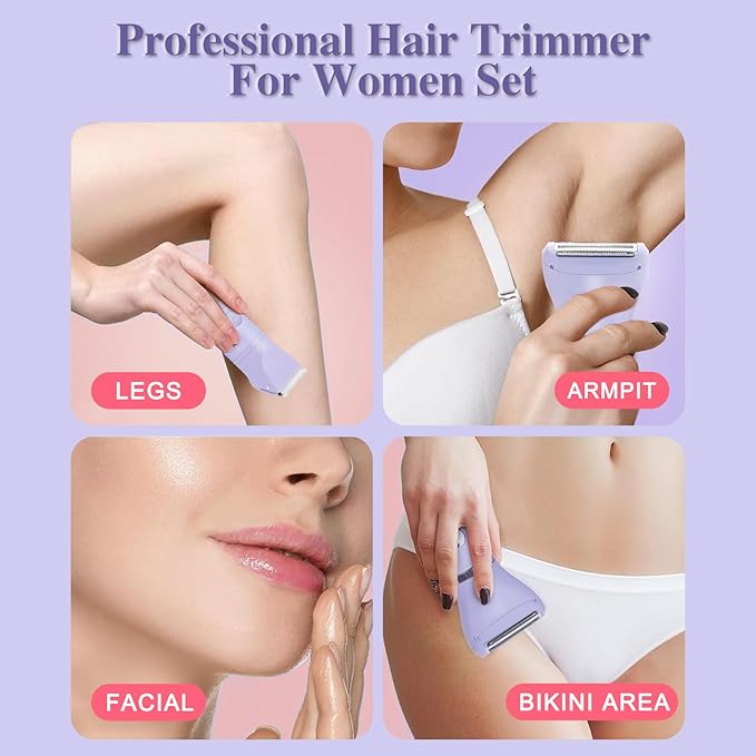 3-in-1 Bikini Trimmer for Women, IPX7 Waterproof Electric Shaver for Women-Rechargeable Electric Razors for Pubic, Facial & Body Hair Trimmer with LED Display, Travel Kit & Painless Blades (Purple)
