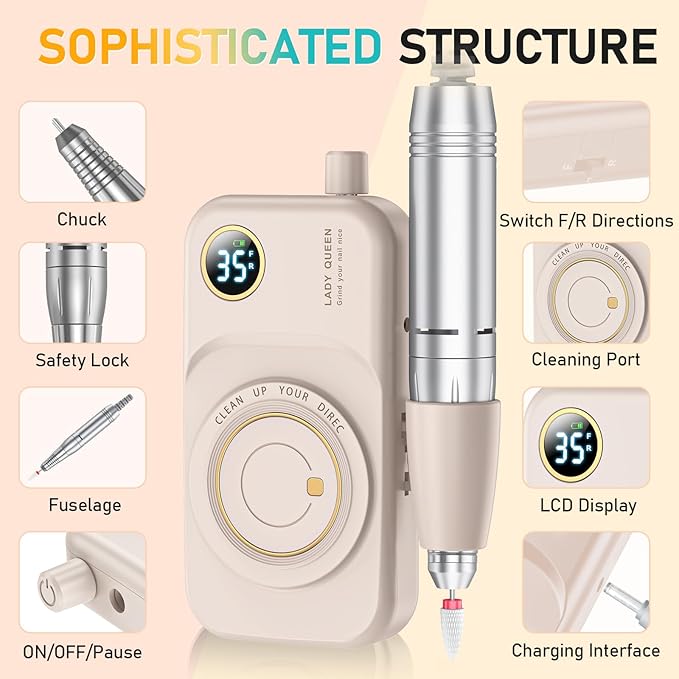 Portable Nail Drill Electric File: 35000RPM Professional Rechargeable Nail E File Machine,for Acrylic Nails Gel Polishing Removing, Cordless Efile with Bits Kit for Manicure Salon Home (Pink)