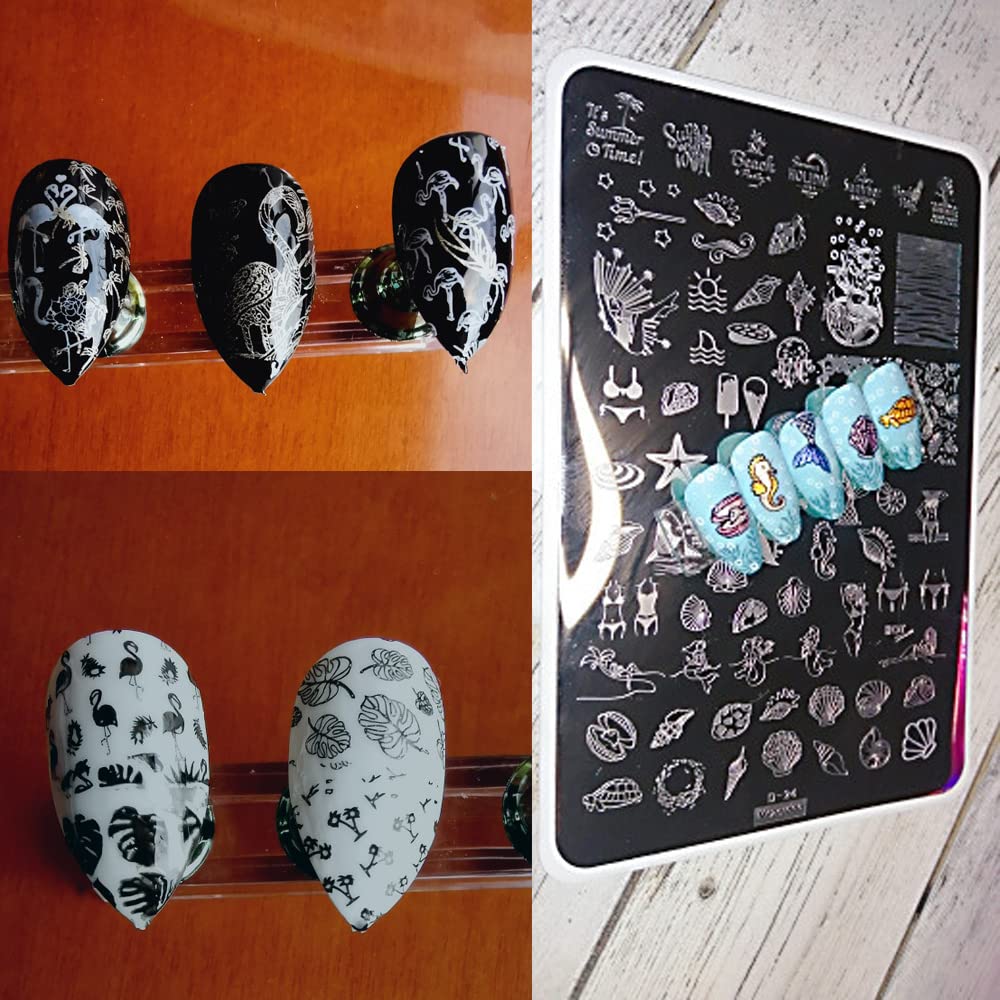 Summer Nail Art Stamping Plates Kit- 2pcs Mermaid Swan Nail Art Plate Templates Flamingo Flowers and Cute Ocean Animals Stamp Templates Set Nails DIY Design Gift for Women