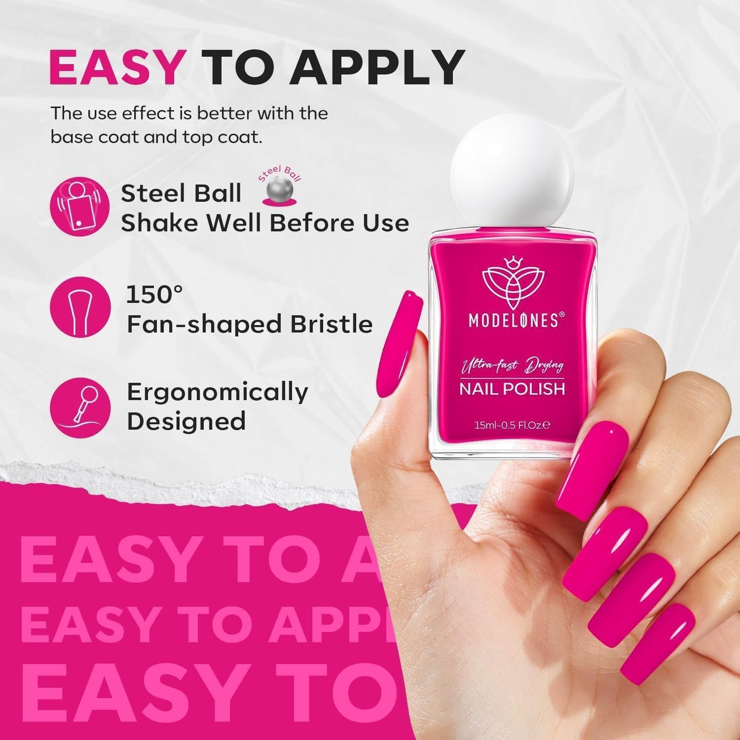 modelones Hot Pink Nail Polish, 15ML Bright Pink Quick Dry Nail Lacquer Strengthener Long Last Shine Fingernail Toe Nail Art DIY Valentine's Day Manicure Gift for Women Girls