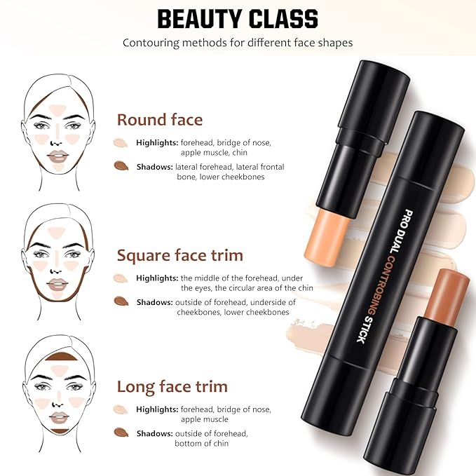 4 Colors Cream Contour, Stick Palette, Contouring Concealer, Stick Primer, Face Makeup Kit for Beginners, Cream Concealer and Highlight Stick(#1+2)