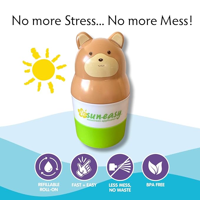 Sun-Easy Sunscreen Applicator, Refillable Roll-On with Sponge for Kids and Babies, Fun, Fast and Mess-Free application, Holds 100 ml, 2-pack