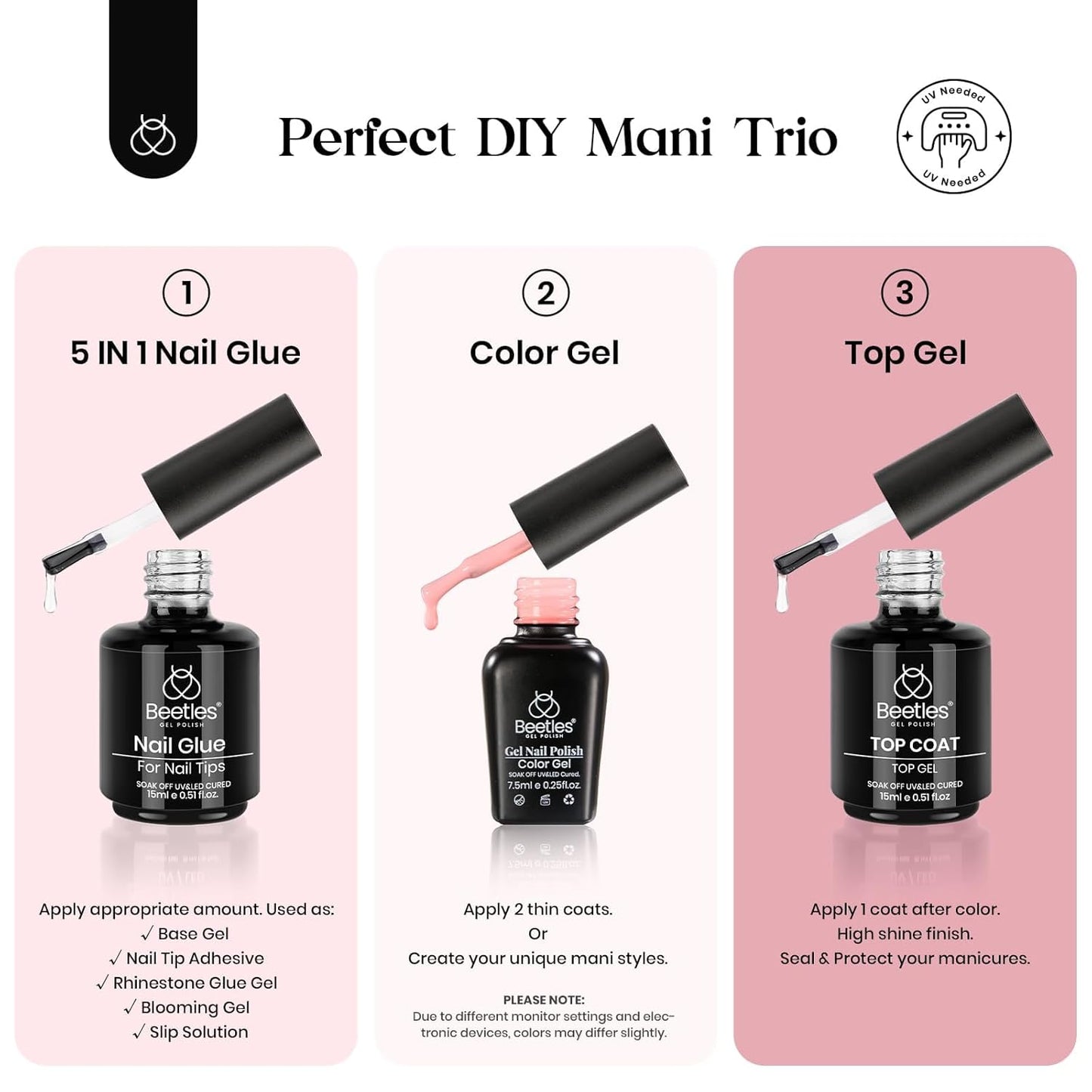 Beetles Gel Nail Kit 600Pcs Long Coffin Nail Tips with Pink Gel Polish Top Coat,15 Sizes Soft Clear Press on Nails 5 In 1 Nail Glue Uv Lamp Easy Nail Extension Set for Women