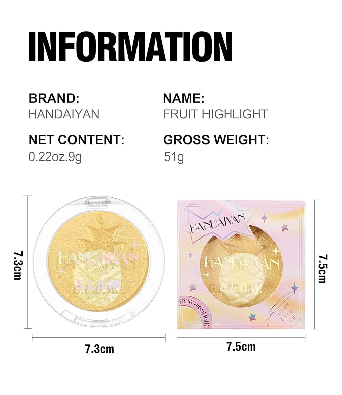 Glitter Highlighter Makeup, 3-In-1 Compact Shimmer Glitter Powder Makeup Blush Face Body Highlighter Illuminator, Silky Smooth Longlasting Lightweight Face Luminizer Bronzer (#02 Pineapple)