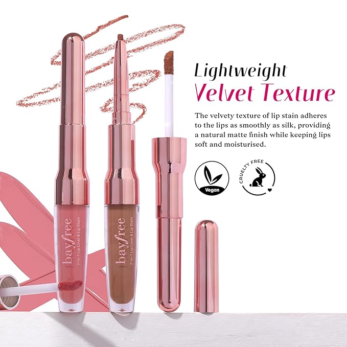 2 PCS Lip Liner and Lip Stain Combo Set, High Pigmented Long Lasting Velvet Lip Tint, Well-Defined Lipliner, Weightless Waterproof Not Animal Tested, Matte Finish Makeup