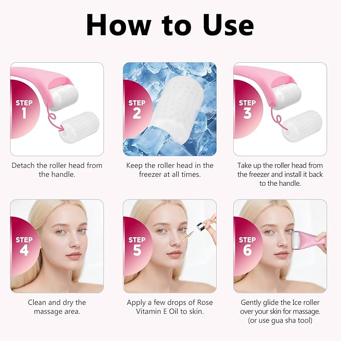 Ice Roller for Face & Eye, Vitamin E Rose Oil & Gua Sha Set, Gua Sha Oil for Face & Body, Reduces Puffiness Relieves Migraines Skin Care Tools, Facial Massager Tool & Self Care Gifts for Women