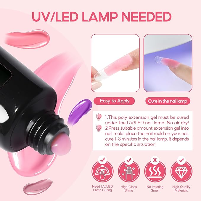 44PC Poly Nail Gel Kit with U V Lamp Starter Kit, 16ML 15 Colors Poly Extension Gel with Light Slip Solution Nail Rhinestones Glitter Decoration Powder Nail Art Kit for Beginners Gifts for Women