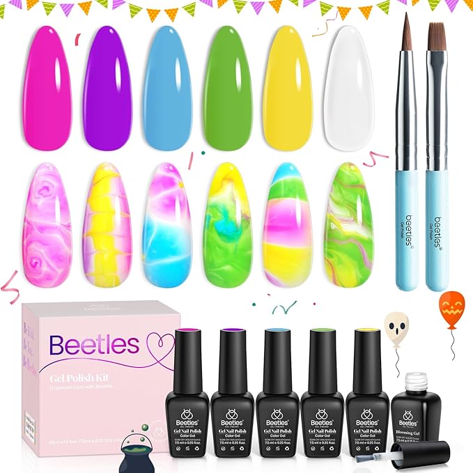 Beetles Halloween Gel Nail Polish with Blooming Gel, 5 Colors Neon Pink Green Blue Purple Yellow Nail Polish Clear Blooming Polish for Spreading Effect with 2 Nail Art Brushes Nail Art Set for Women