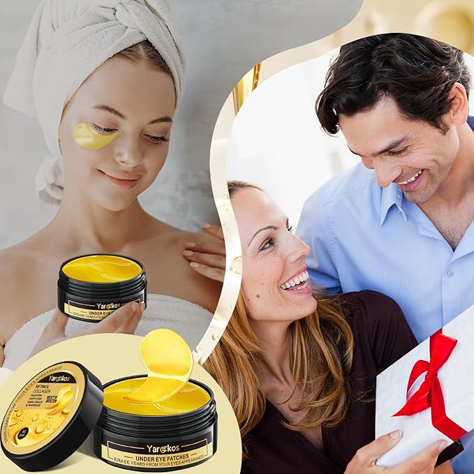 60 Pcs 24K Gold Under Eye Patches with 5 Pieces Travel 24K Golden Eye Mask, 30 Pairs Women Undereye Mask for Dark Circles Puffy Eyes Treatment, Men Gel Pads Hydrating for Puffiness Wrinkle