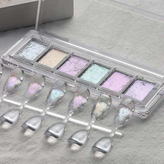 Iridescent Nail Glitter Set, 6 Colors Mud Texture Aurora Chrome Powder, Pink Blue Pearlescent Glitter, Chameleon Nail Flakes Gold Leaf, Holographic Manicure Decor