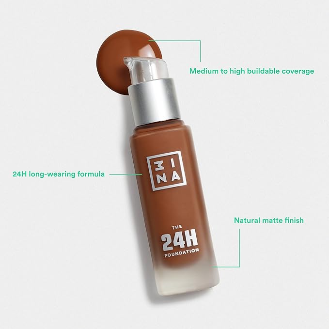3INA The 24H Foundation 672-24H Long-Wearing Formula - Medium To High Buildable Coverage - Smooth Matte Finish - Expanded Shade Selection - Waterproof, Cruelty Free, Vegan Makeup - 1.01 Oz