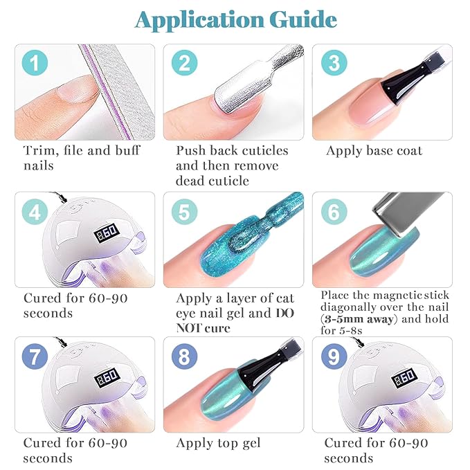 RARJSM Blue Cat Eye Gel Nail Polish Set 6pcs Reflective Diamond Glitter Clear Light Gray Sea Blue Green Tone Glass Cateye Gelpolish with Magnet Stick 7.5ml Curing Requires Soak Off for Home Salon