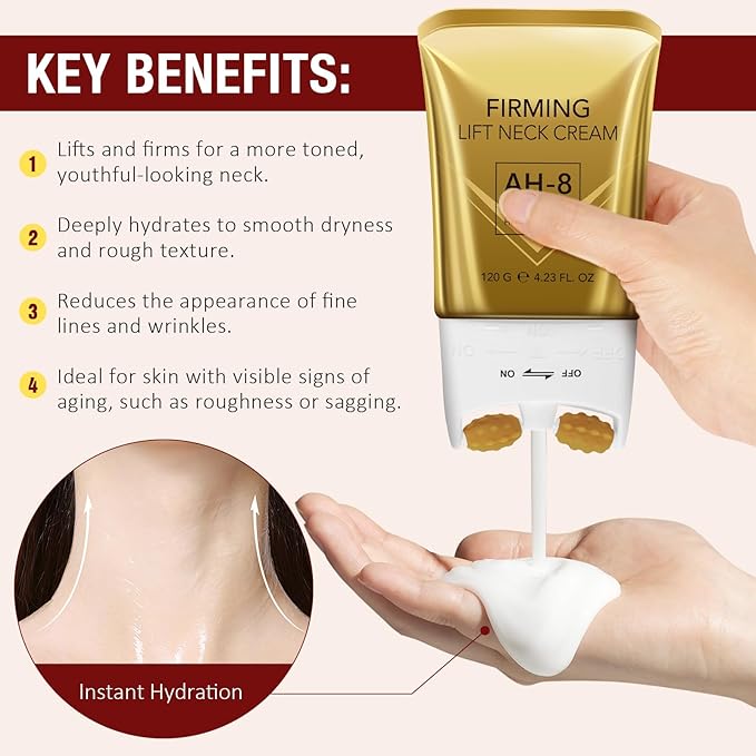 AH-8 Firming Neck Cream with Roller - Anti-Aging Moisturizer for Neck & Chest - Lifts, Tightens, Deeply Hydrates, Reduces Fine Lines & Wrinkles - For Crepey, Sagging Skin - 4.23 fl.oz