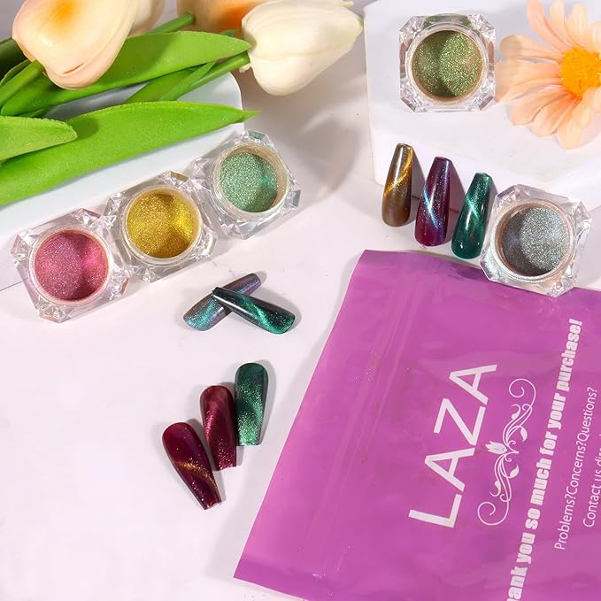 Laza 8 Colors Cat Eye Chrome Nail Powder Chameleon Magnetic Powder 3D Cat Eye Mirror Effect Pigment Dust Magic Galaxy Effect Glitter for Velvet Nail Art - Discolor Candy