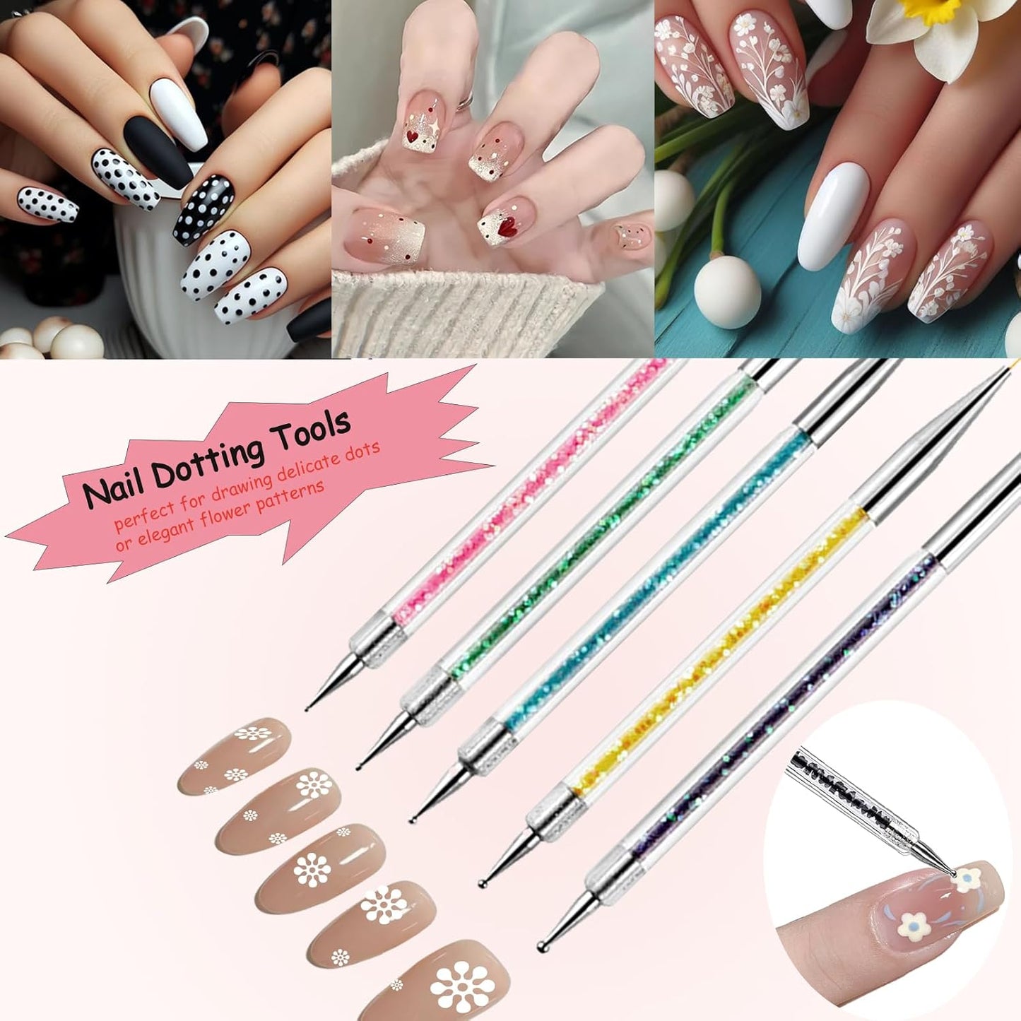 Nail Art Brushes, 8Pcs Double-Ended Acrylic Nail Brush Set & Picker Brush Tool for Nail Art with PolyGel Gel Acrylic Nails Extension Fine Liner Brushes and Dotting Pen (6,7,8,9,11 mm)