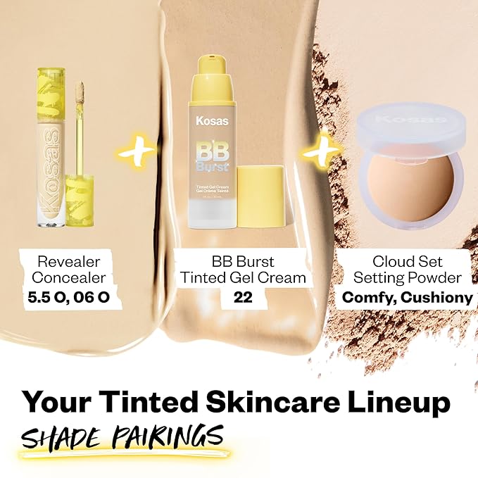 Kosas BB Burst Tinted Face Gel Cream - Supports Healthy Collagen, Smoothes Skin, Hydrates & Moisturizes - Lightweight Buildable Coverage - Medium Neutral Olive 22, (1 Oz/30 ML)