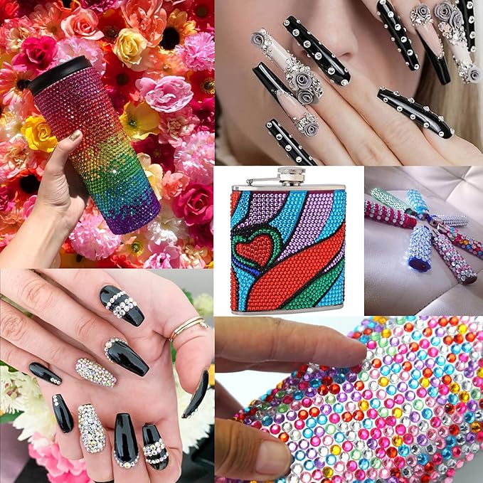 Flat Back Rhinestone Kits Colorful Rhinestones+Crystal AB&Transparent White Face Gems with Quick Dry Makeup Glue+Picker Pencil+Tweezer for Face Makeup and Nail Art