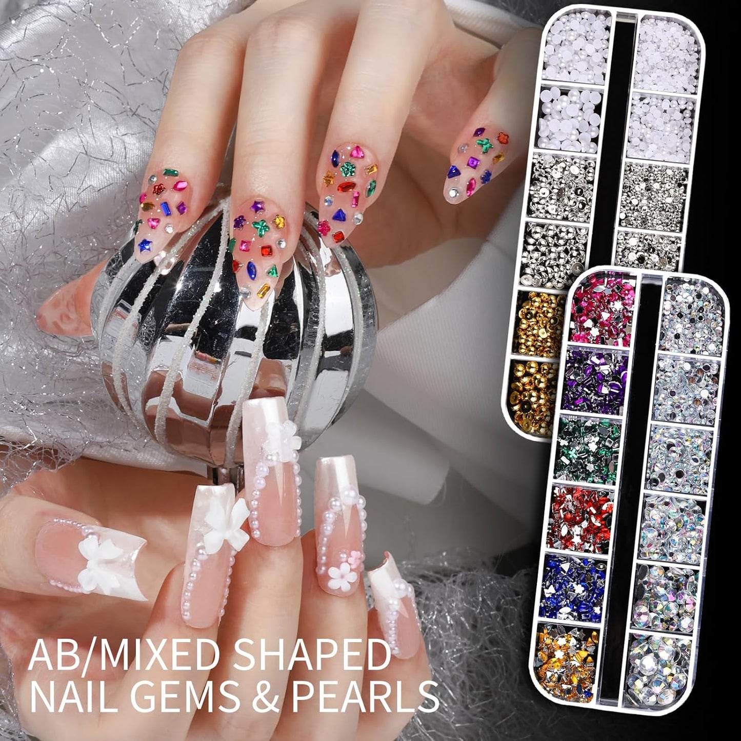 Teenitor Nail Charms and Gems Nail Art Tools, 6 Boxes 3D Nail Gems with 15 Sheets Nail Stickers for Nail Art, Flower Nail Stickers Nail Rhinestones Nail Supplies, Nail Pearls Nail Stuff Nail Decor