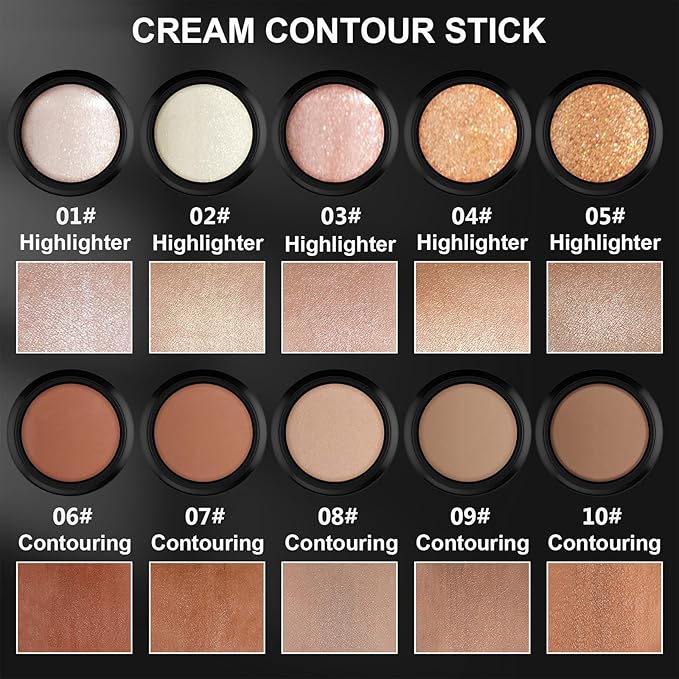 2Pcs Cream Contour Stick Makeup Kit, Cream Highlighter Stick and Bronzer Contour Stick with Longwear Waterproof Formula for Brightening and Trimming the Cheeks, Makeup Brush Include (#01, 06)