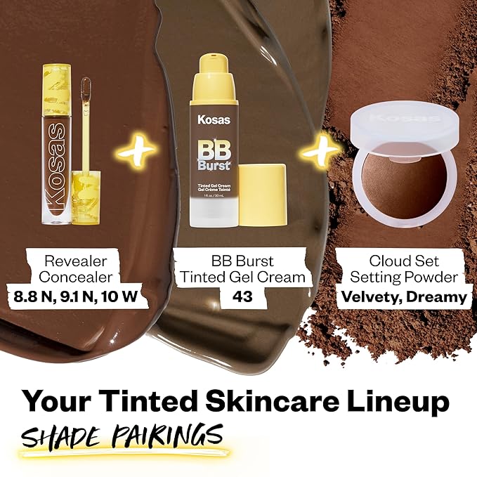 Kosas BB Burst Tinted Face Gel Cream - Supports Healthy Collagen, Smoothes Skin, Hydrates & Moisturizes - Lightweight Buildable Coverage - Deep Neutral Olive 43, (1 Oz/30 ML)