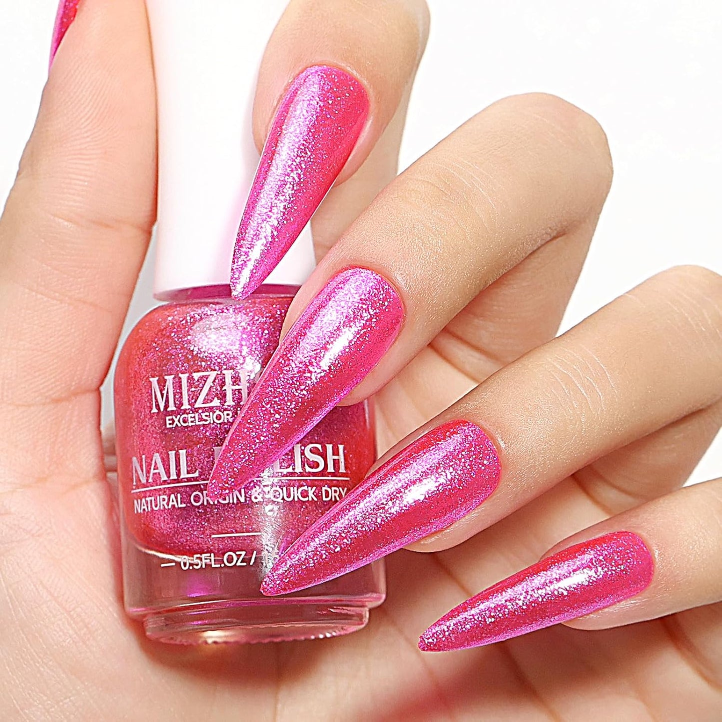 MIZHSE Quick Dry Glitter Rose Red Nail Polish, Shimmery Nail Polish Fast Drying, 15ml High Glossy Sparkly Shiny Nail Lacquer Nail Art Salon Manicure Home