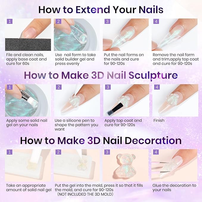 MIZHSE Solid Builder Gel for Nails - 30g/1oz Purple Mermaid Hard Gels for Nails 3D Gel with Dual Forms 3D Sculpting Pen Soak off U V Nail Builder Gels for Extension 3D Nail Art Women