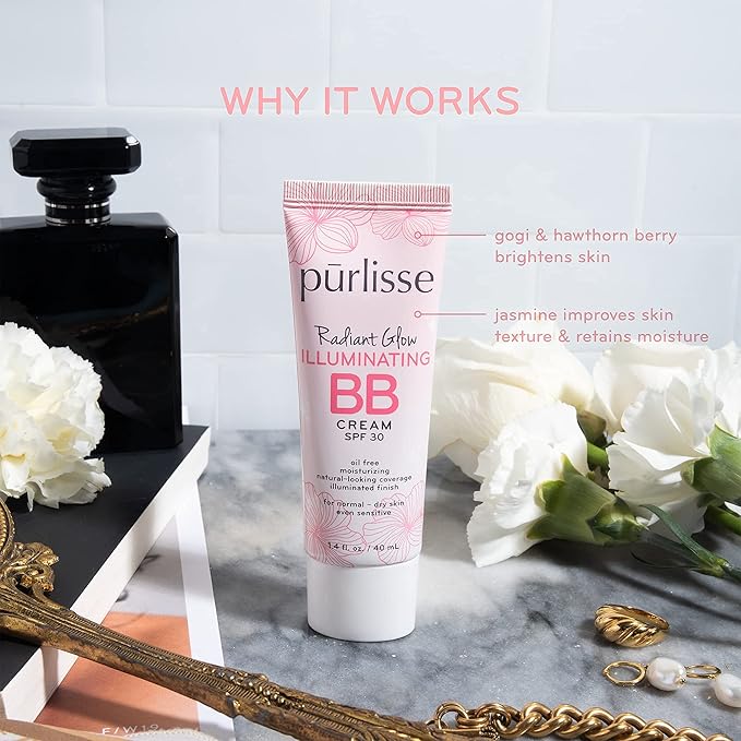 pūrlisse Radiant Glow Illuminating BB Cream with SPF 30 - Glow BB Cream Enriched with Goji & Hawthorn Berry for Dewy Skin - Helps to Improve Skin Texture & Radiance - Light (1.4 oz)