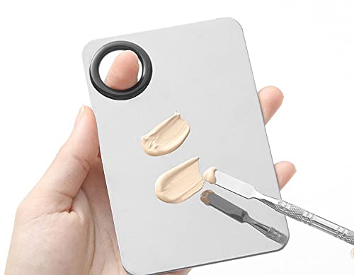2pcs Stainless Steel Cosmetic Makeup Palette, Upgrad Stainless Steel Metal Makeup Palette with Spatula Artist Tool for Mixing Foundation Nail-Art (A)