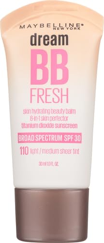 Maybelline Dream Fresh Skin Hydrating BB cream, 8-in-1 Skin Perfecting Beauty Balm with Broad Spectrum SPF 30, Sheer Tint Coverage, Oil-Free, Light/Medium, 1 Fl Oz