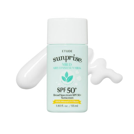 ETUDE Sunprise Sunscreen Mild Sun Milk SPF 50+ / PA++++ (55ml) | Sebum-free, Non-Sticky, Long Lasting Protection, 100% Mineral Korean Sunscreen for sensitive skin