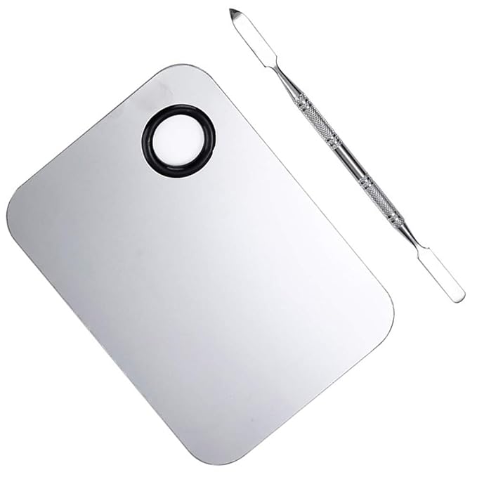 2 Pcs Stainless Steel Cosmetic Makeup Palette, Professional Cosmetic Mixing Makeup Palette Spatula Makeup Artist Tool, Beauty Salon Color Cream Mixing Palette With A Spatula Makeup Nail Art Palette