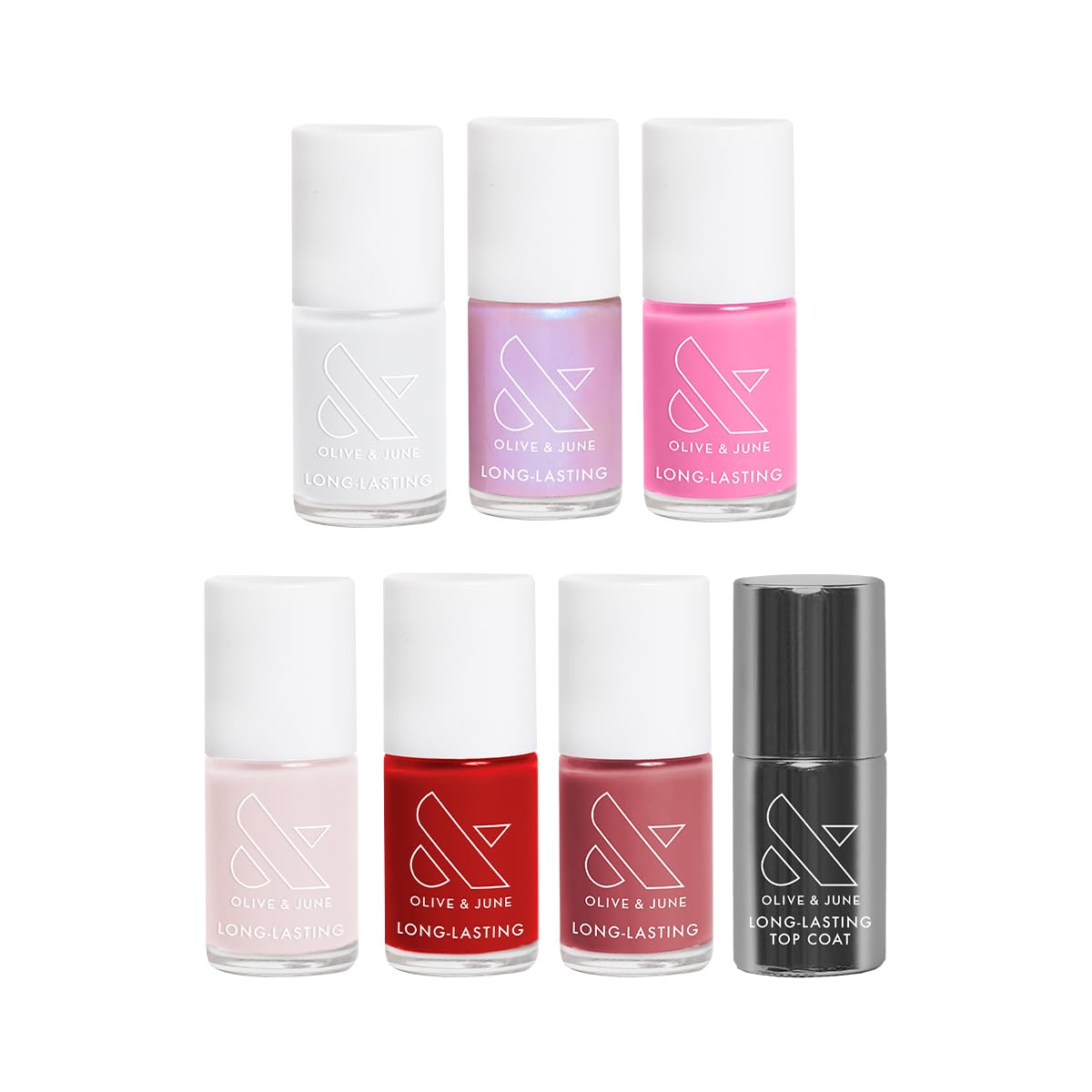 Olive & June Long Lasting Nail Polish Set | Includes 6 Chip-Resistant Shades (Pink Goldfish, HD, Grateful & Kind, CCT, LD, CV) + Top Coat | Vegan, Cruelty-Free | Salon-Quality at Home