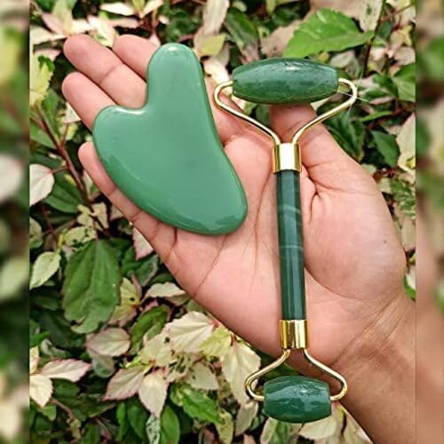Green Jade Roller & Gua Sha Set, Face Roller Manual Massager,Green Jade Applicator for Face, Neck,Body Muscle,Relaxing, Stimulating Blood Flow, Relieve Fine Lines, Wrinkles,Green
