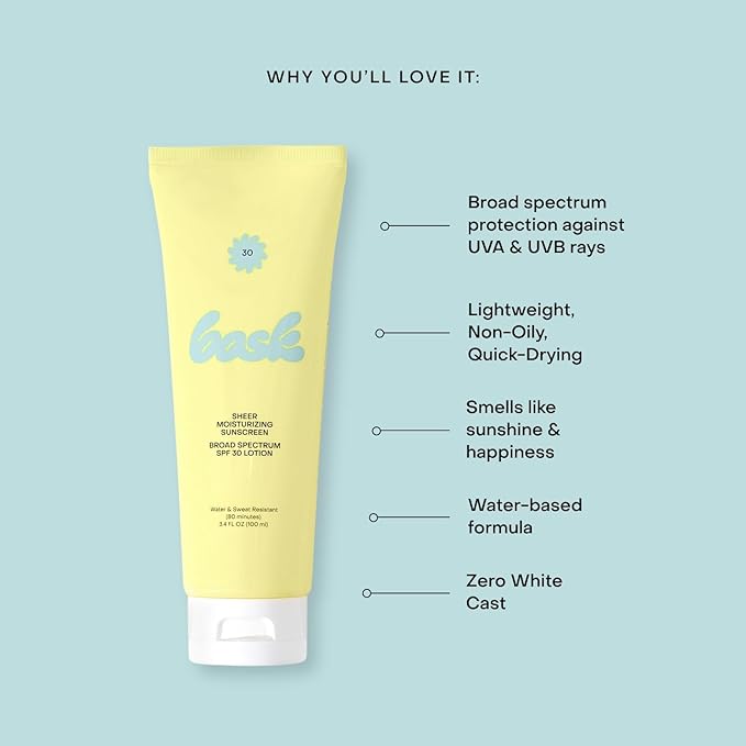 Bask Suncare SPF 30 Sheer Moisturizing Sunscreen Lotion - Broad Spectrum UVA/UVB Protection, Dermatologist Recommended, Hydrating, Lightweight & Fast Absorbing, No White Cast, Travel Size (Pack of 3)