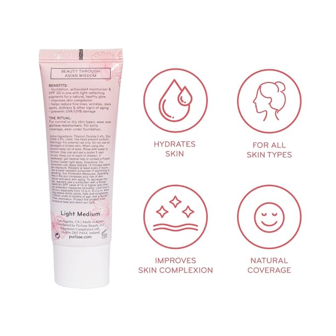 pūrlisse Radiant Glow Illuminating BB Cream with SPF 30 - Glow BB Cream Enriched with Goji & Hawthorn Berry for Dewy Skin - Helps to Improve Skin Texture & Radiance - Light Medium (1.4 oz)