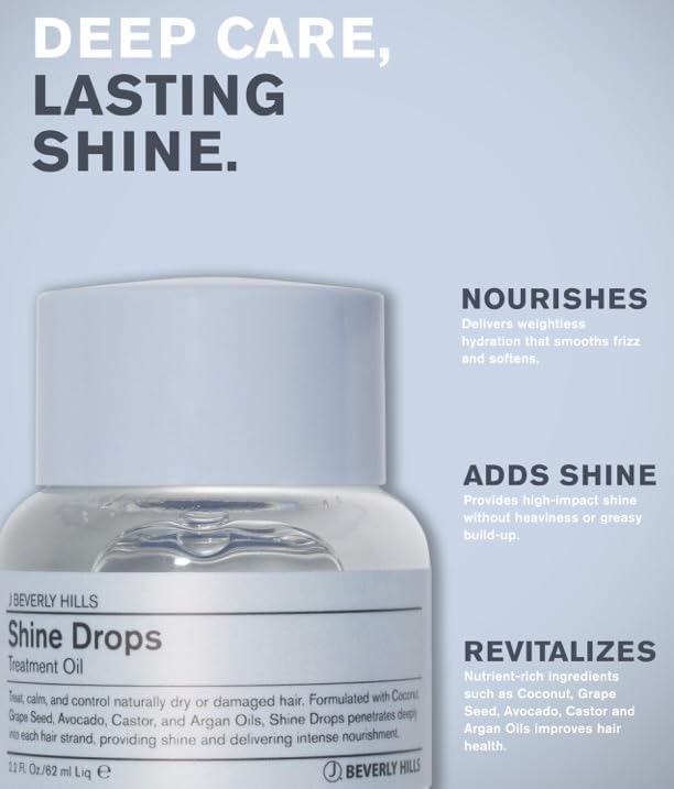 J Beverly Hills Shine Drops Hair Treatment Oil with Botanical Oils for Shine, Nourishment and Dry Hair Repair, 2.2 Oz