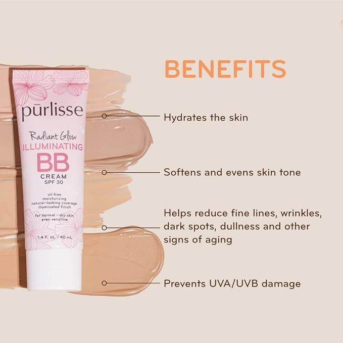 pūrlisse Radiant Glow Illuminating BB Cream with SPF 30 - Glow BB Cream Enriched with Goji & Hawthorn Berry for Dewy Skin - Helps to Improve Skin Texture & Radiance - Fair (1.4 oz)