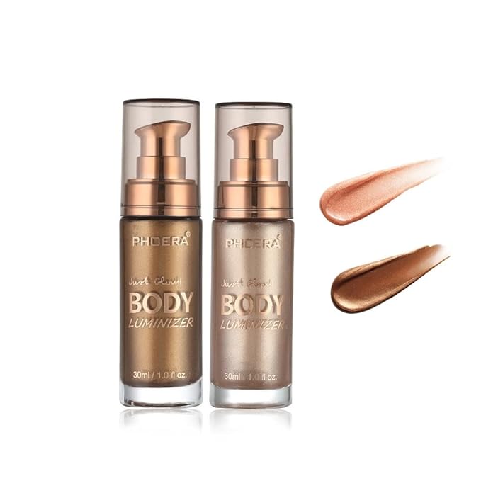 2 Pack PHOERA Body Luminizer, High Gloss Waterproof Body Luminizer Glitter Face Shimmer Moisturizer Lotion Tan Cream Foundation Makeup Bronzer(101 Rose Gold+103 Glistering Bronze)