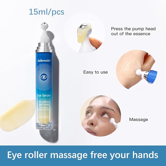 5% Caffeine Eye Serum Moisturizing, Under Eye Cream with 360° Massage Ball for Dark Circles and Puffiness, Hydrating Eye Cream Anti Aging for Bags Fine Lines (1PCS)