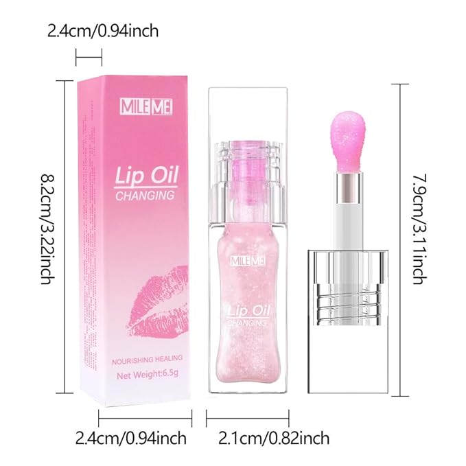 2PCS/Set MILEMEI Color Changing Lip Oil Magic Moisturizing, Big Brush Plumping Lip Oil, Plumping Glimmer Glow